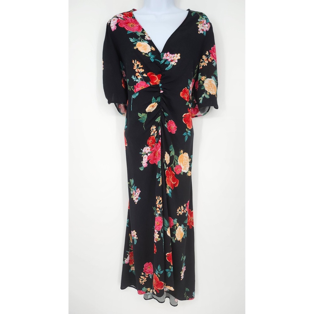 Old Navy Womens Puff Sleeve Empire Maxi Dress Size XL Black Boho Floral Ruched